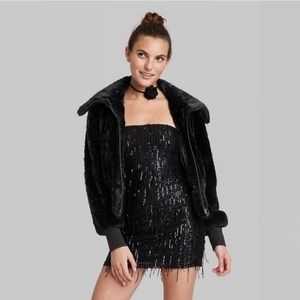 Wild Fable Faux Fur Bomber Jacket, Black,  XXS NWT